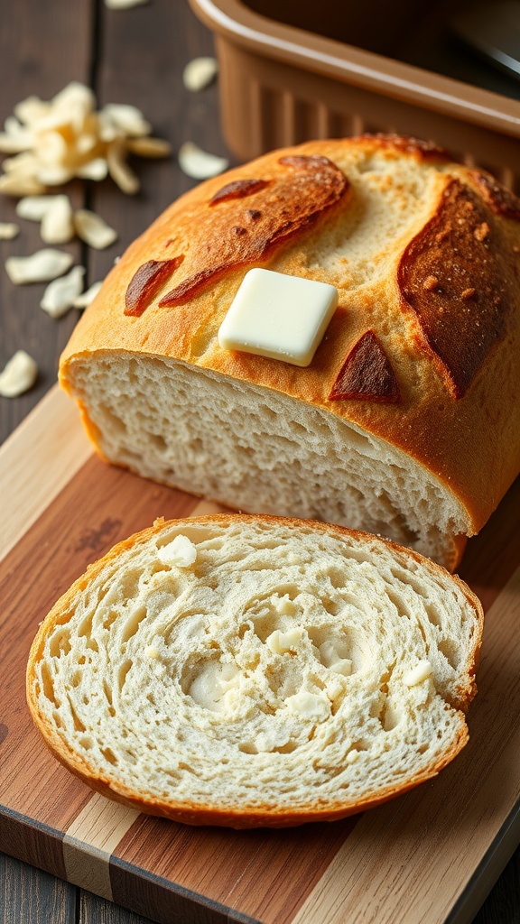 A loaf of potato flake sourdough bread with a crispy crust and soft interior, cut into slices with butter on top.